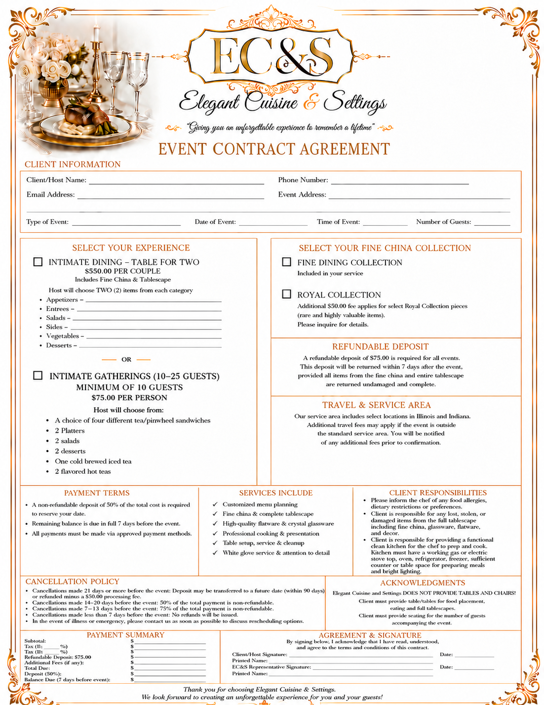 Event contract agreement for Intimate Dining and Intimate Gatherings with updated guest counts, pricing, and policies