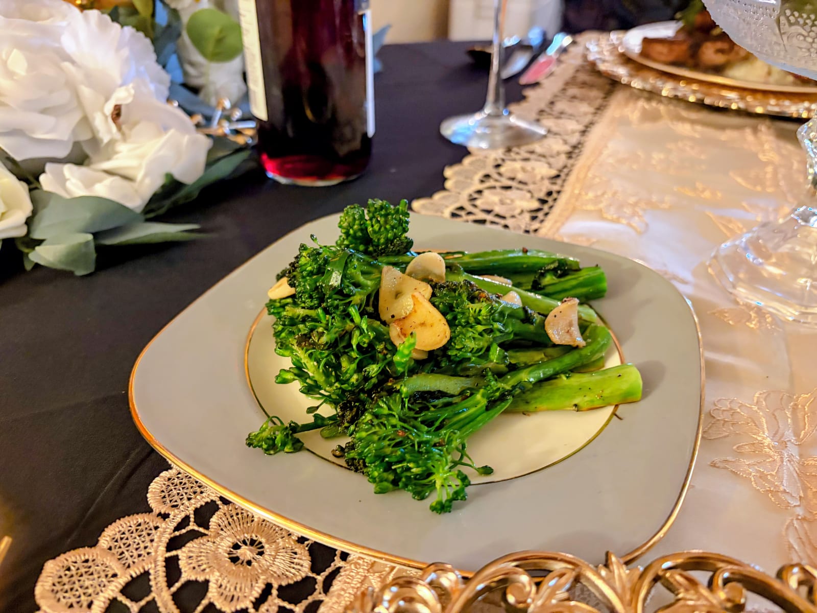 Seared lamb chops, cilantro lime rice, and garlic roasted broccolini