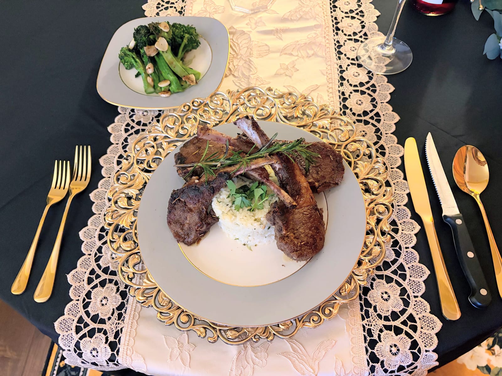 Seared lamb chops, cilantro lime rice, and garlic roasted broccolini