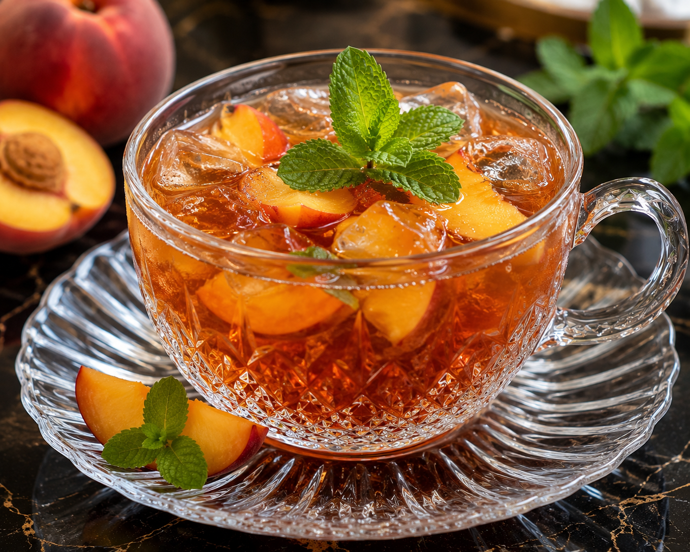 Peach iced tea with seasonal fruit garnish