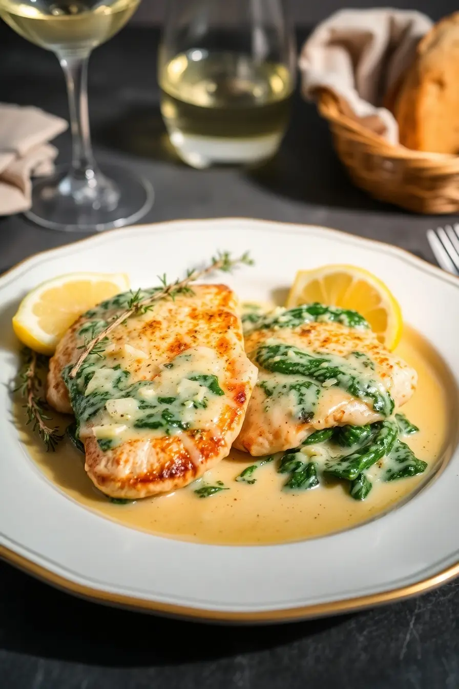 Pan seared chicken Florentine with spinach and garlic cream sauce
