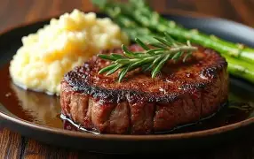 Center-cut filet mignon with garlic mashed potatoes, asparagus, and red wine reduction