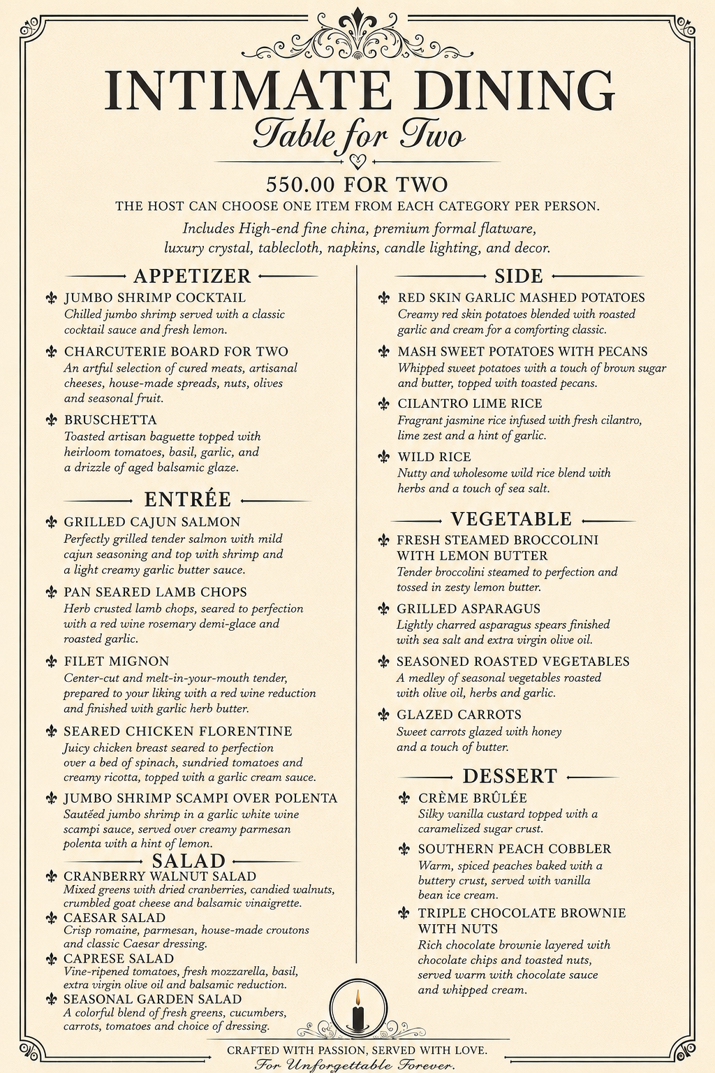 Intimate Dining table for two menu and pricing on pale background