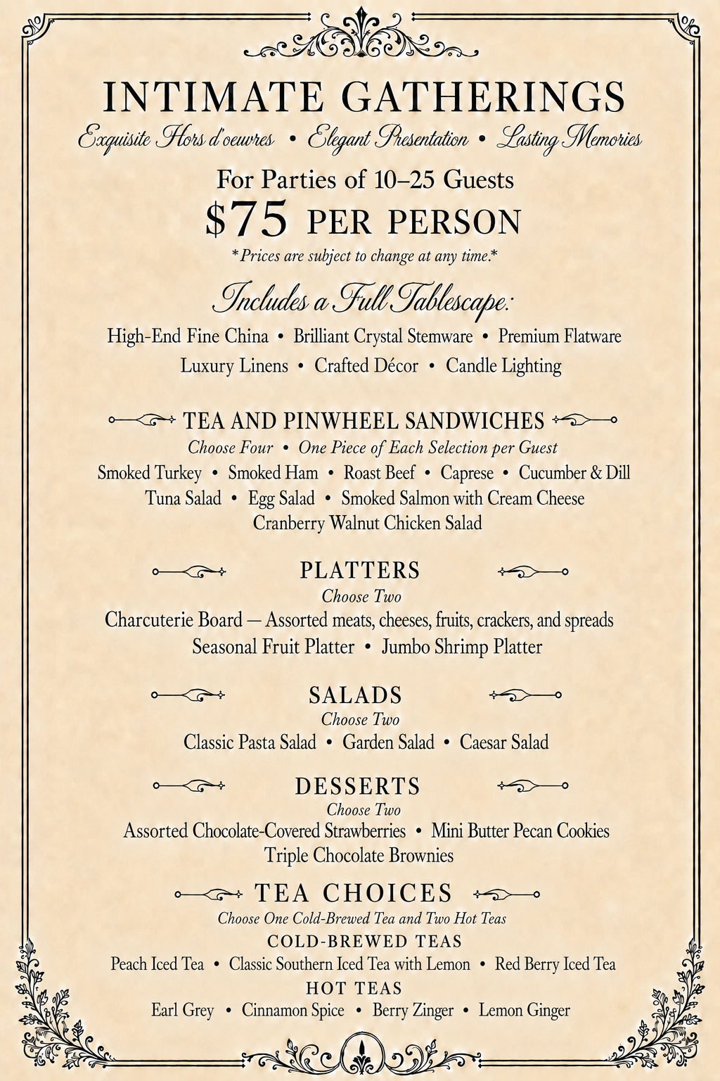 Intimate Gatherings menu for 10 to 25 guests at 75 dollars per person with full tablescape