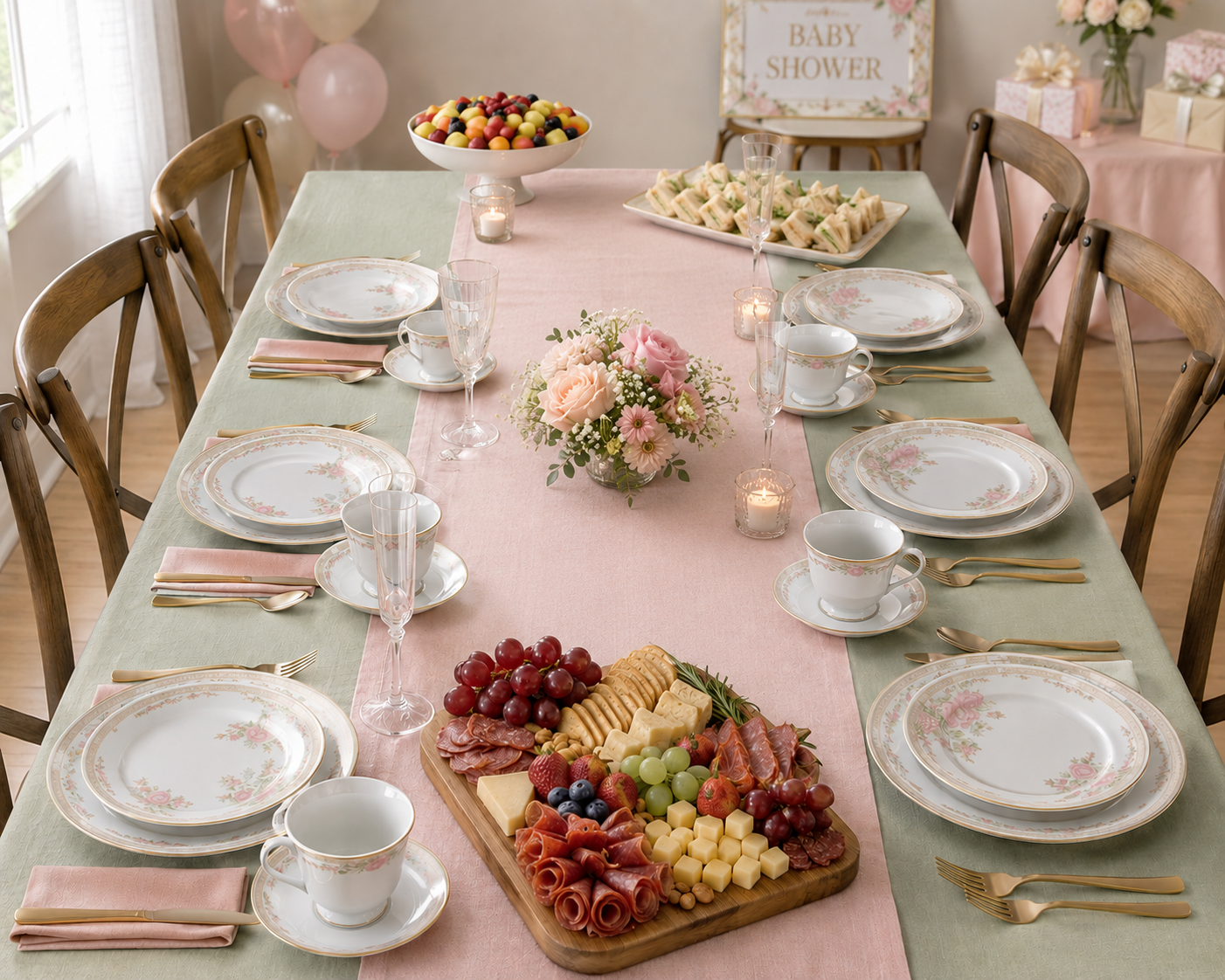 Baby shower gathering table with charcuterie, sandwiches, and floral décor