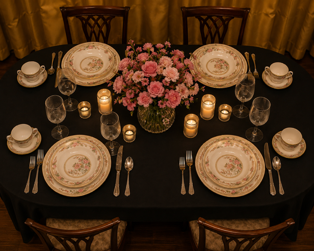 Formal gathering table for four with pink floral china and roses