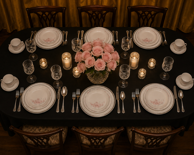 Elegant six-guest table with pink roses and formal place settings
