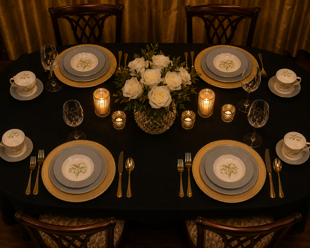 Refined four-guest tablescape with gold chargers and white roses
