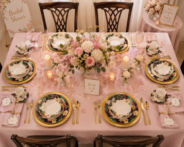 Formal dining table for six with pink floral china