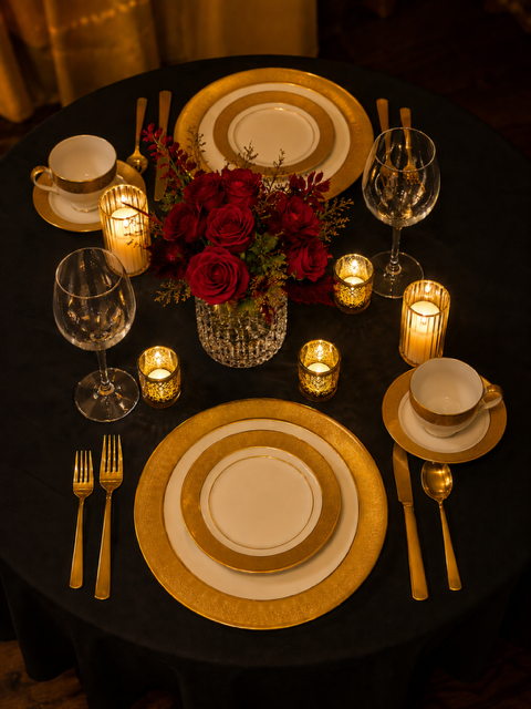 Black and gold luxury tablescape for two with roses and candlelight