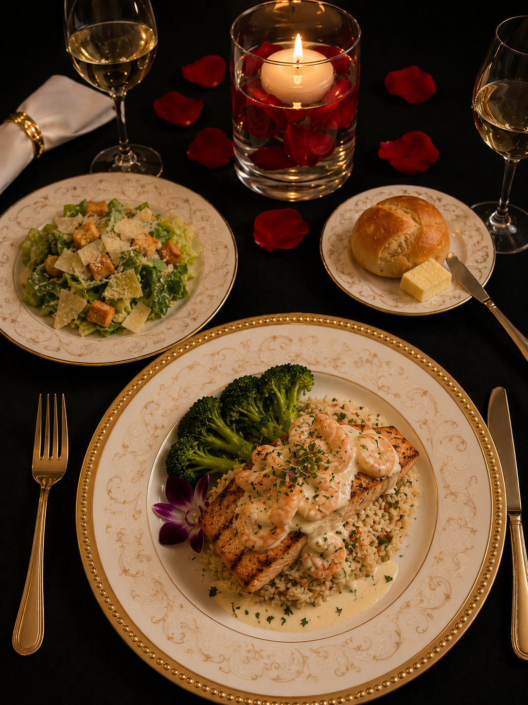 Fine dining for two with grilled salmon, shrimp, and broccolini